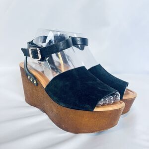 Seychelles Made in Italy Leather Wood Platform Wedge Sandals Black Suede Size 8